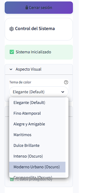 Selector de temas de color del menú lateral con opciones claras y oscuras